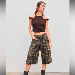 Cider Denim Low Rise Leopard Wide Leg Bermuda Shorts